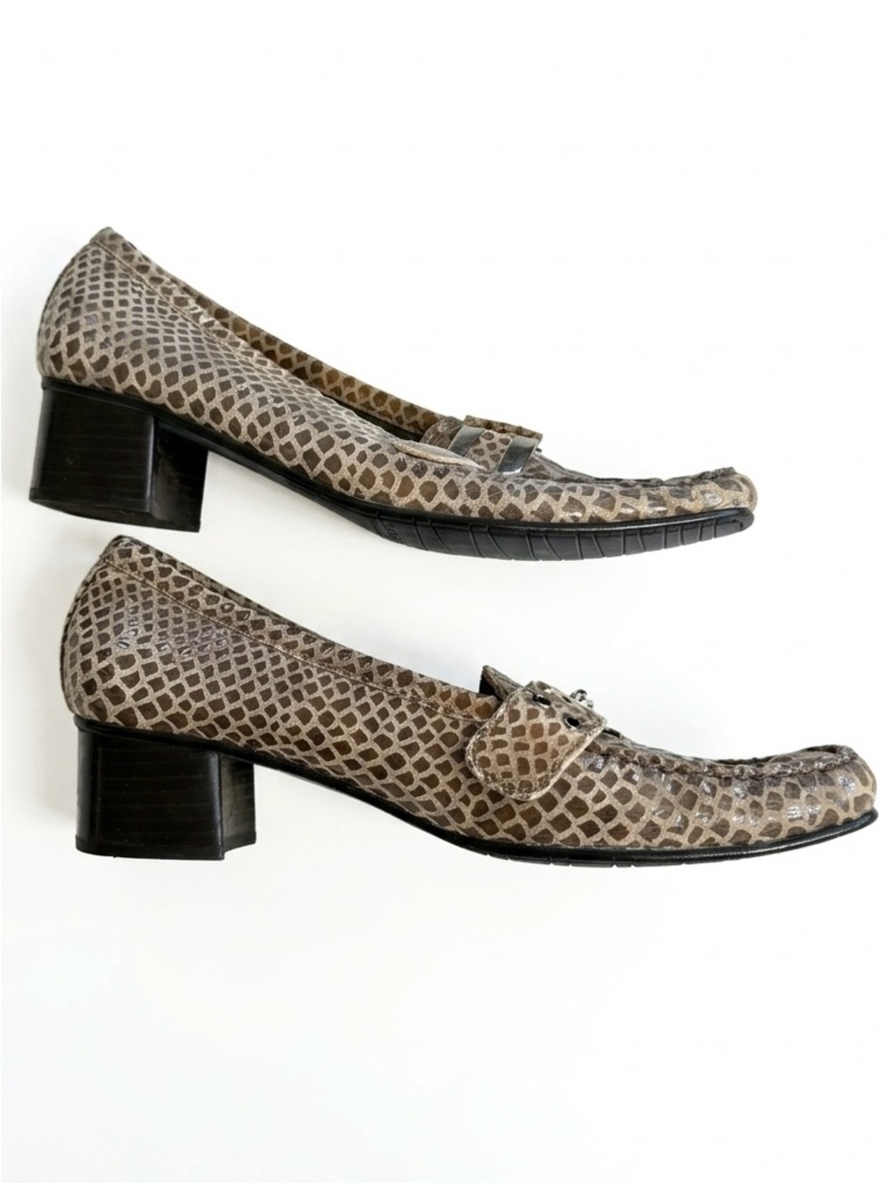 STUART WEITZMAN Snakeskin Embossed Leather Loafers Block Heel Buckle 7.5 - Picture 7 of 8